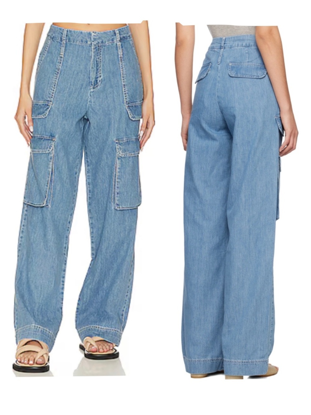 FRAME Blue Cargo Jeans Rhythm Light Wash Denim Cargo Wide Leg Utility Size 28